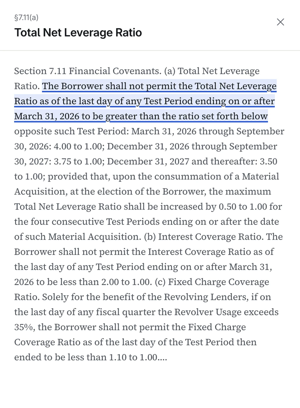 The clause drawer for Section 7.11(a) with the quoted sentence highlighted and a note that the quote was found word for word in the agreement.